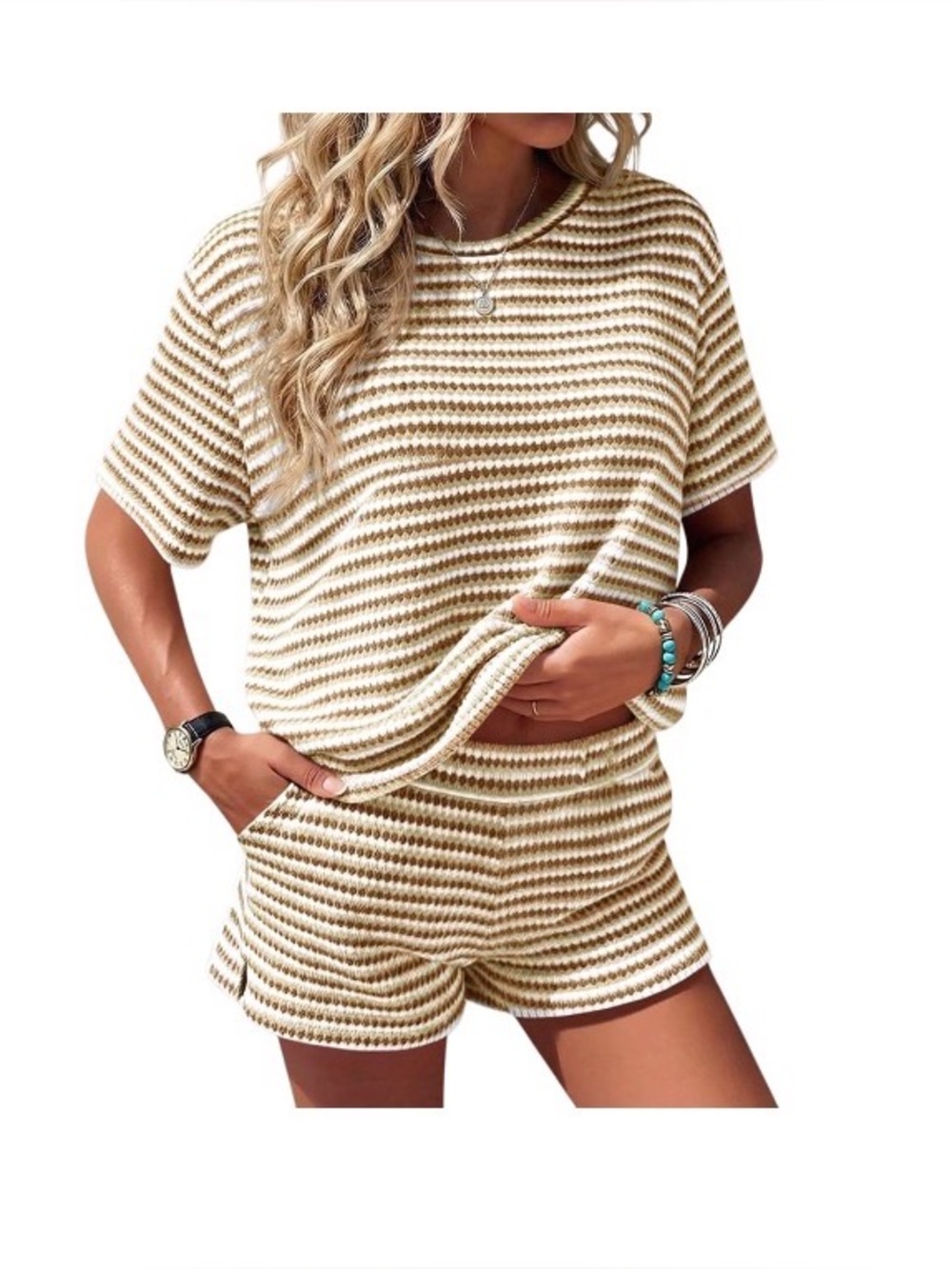 NWT Amazon Khaki Beige White Tan Striped Loinge Set Shirt Shorts Size L Large